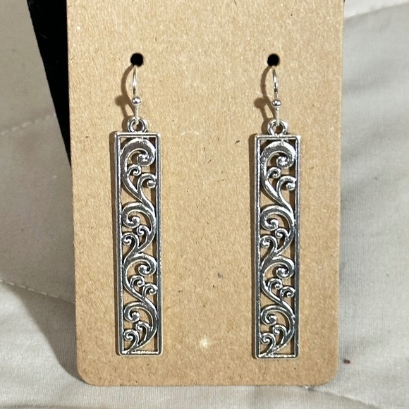 2/$20 Silver tone long rectangular filigree & swirl hook earrings - Picture 2 of 9